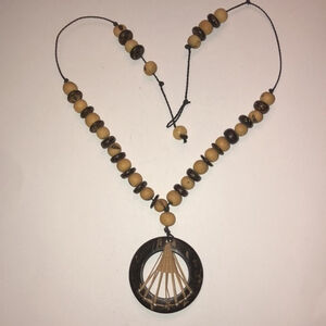 Vintage Boho Brown & Tan Beaded Ethnic Pendant Necklace